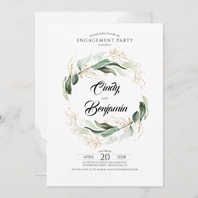 Convite Folhagem Verde e Festa de noivado de Folhas Dourad (Frente/Verso)