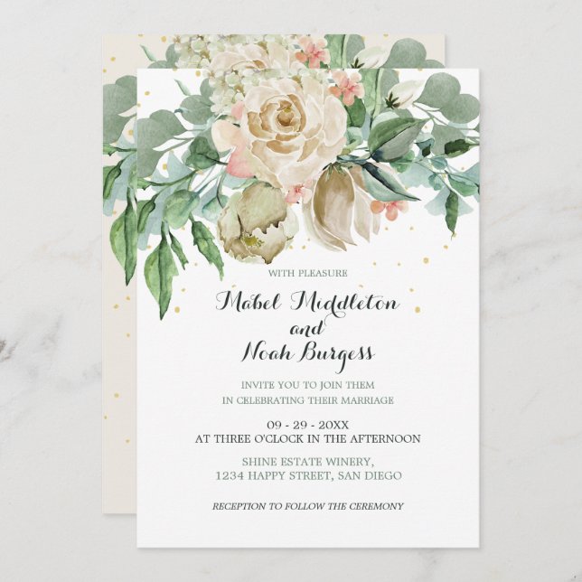 Convite Folhagem Verde Floral Rosa (Frente/Verso)