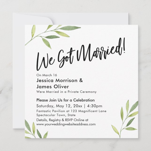 Convite Folhagem Verde Moderna Caligrafia Nós Casamos! (Frente)