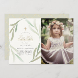 Convite Folhagem Verde Natural Foto Primeira Comunhão Sagr