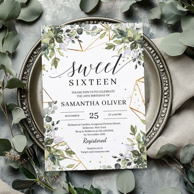 Convite Folhagem verde ouro eucalipto doce dezesseis (Greenery foliage eucalyptus gold sweet sixteen invitation)