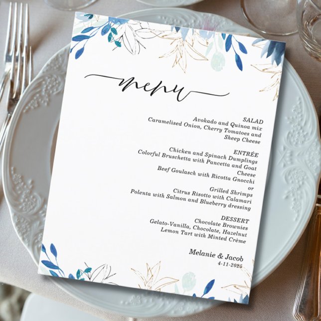 Convite Folhas Azuis Cardápio de Casamento Elegante (Criador carregado)