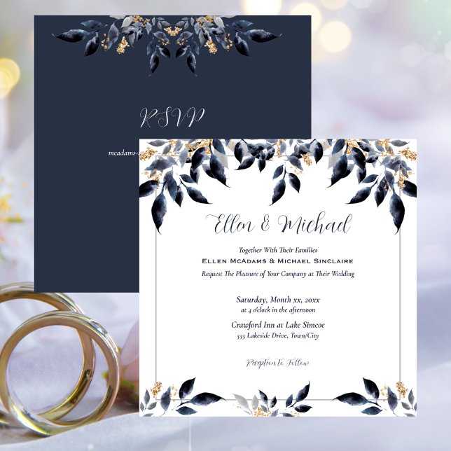 Convite Folhas Azuis com Casamento Dourado (Blue Leaves with Gold Wedding Invitation)