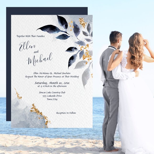 Convite Folhas Azuis com Casamento Dourado (Blue Leaves with Gold Wedding Invitation)