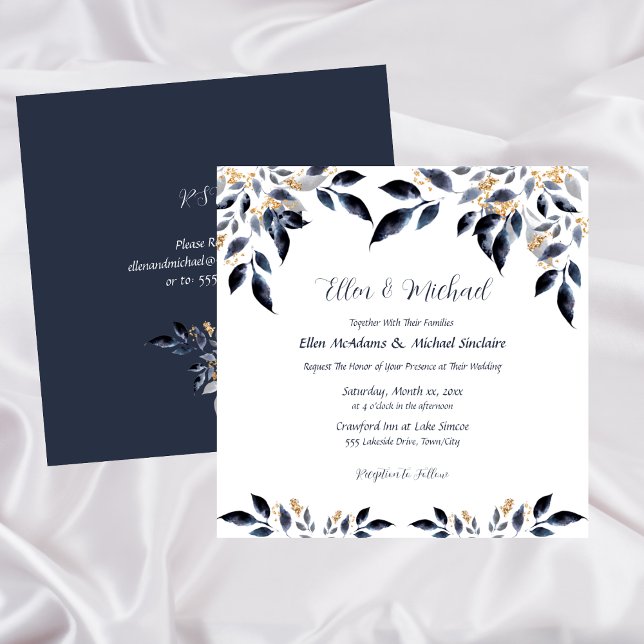 Convite Folhas Azuis com Casamento Dourado (Blue Leaves with Gold Wedding Invitation)