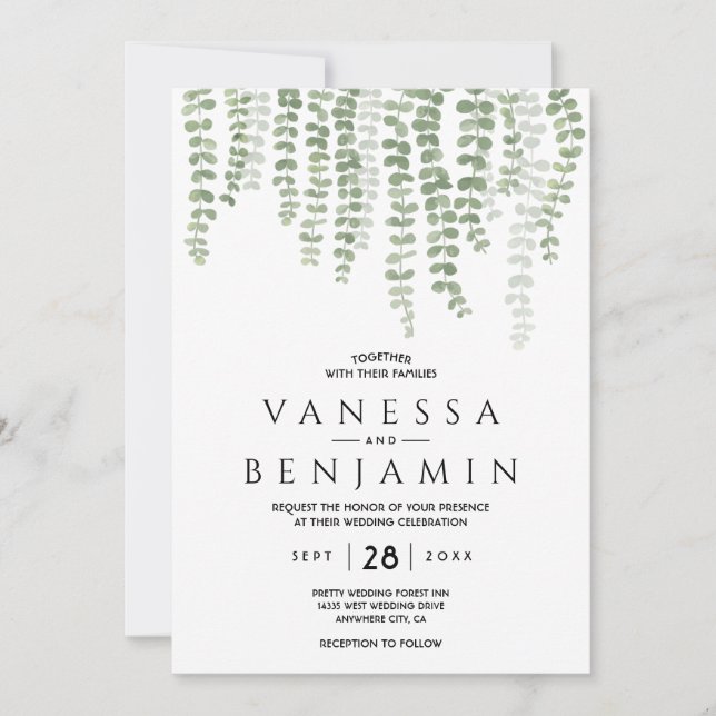 Convite Folhas Boho Aquarela Elegante Verde Dourado (Frente)