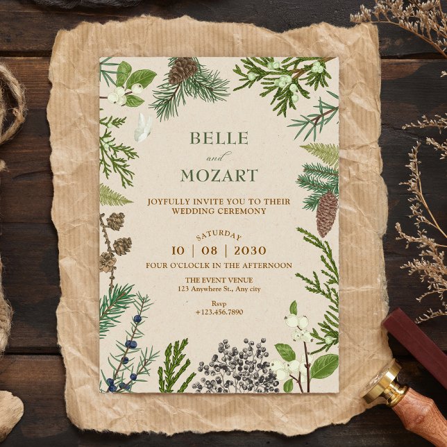 Convite Folhas botânicas casamento de Natal (Criador carregado)
