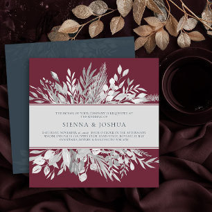 Convite Folhas Botânicas Casamento Quadrado Burgundy Cinza