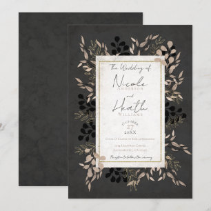 Convite Folhas Botânicas Chic Cinza Bege Dourado Casamento