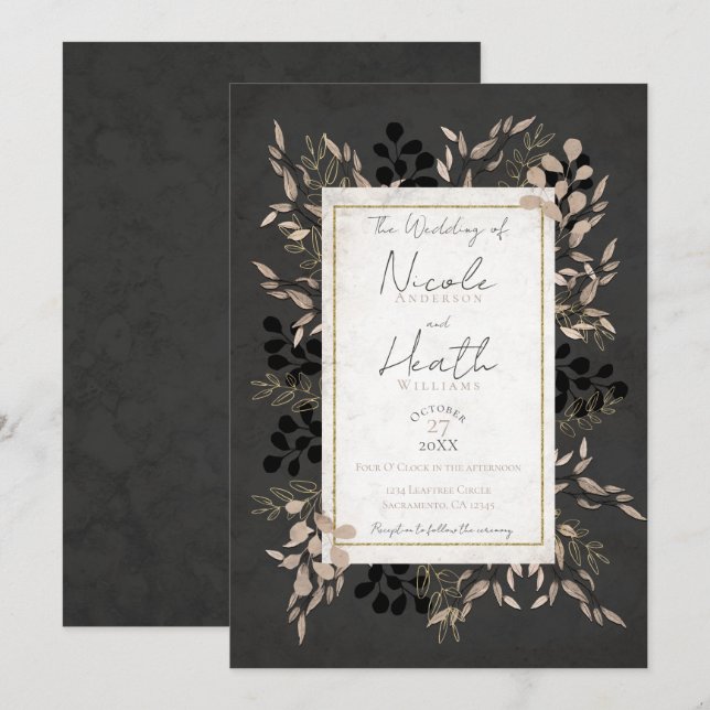 Convite Folhas Botânicas Chic Cinza Bege Dourado Casamento (Frente/Verso)