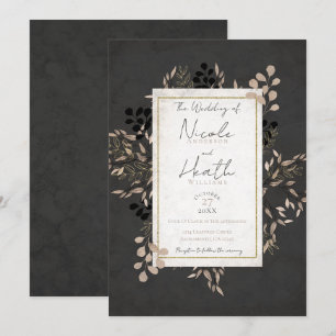 Convite Folhas Botânicas Chic Cinza Bege Dourado Casamento