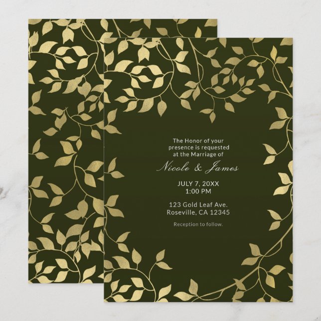 Convite Folhas Botânicas em Faux Foil Verde e Dourado para (Frente/Verso)