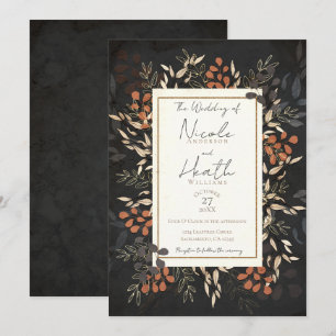 Convite Folhas Botânicas Florais Negrito Cinza Dourado Cas