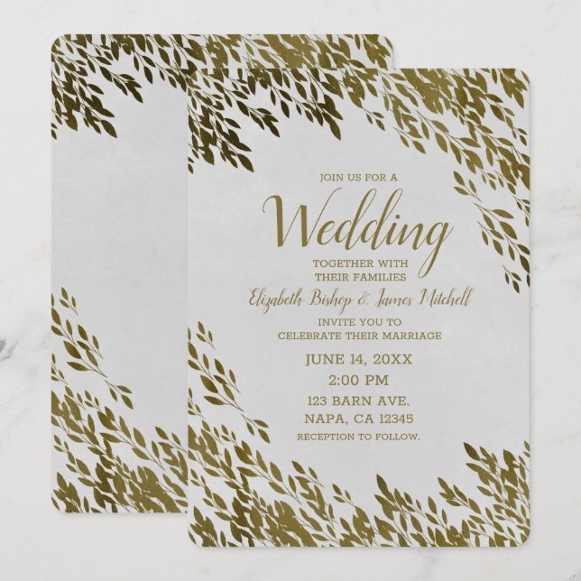 Convite Folhas Brancas e Douradas Chic Casamento Moderno R (Frente/Verso)