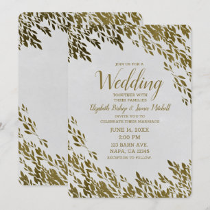 Convite Folhas Brancas e Douradas Elegantes Casamento Rúst