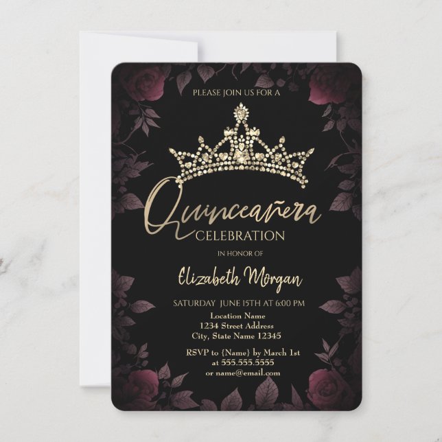 Convite Folhas Chic de Rosas escuras Quinceañera  (Frente)