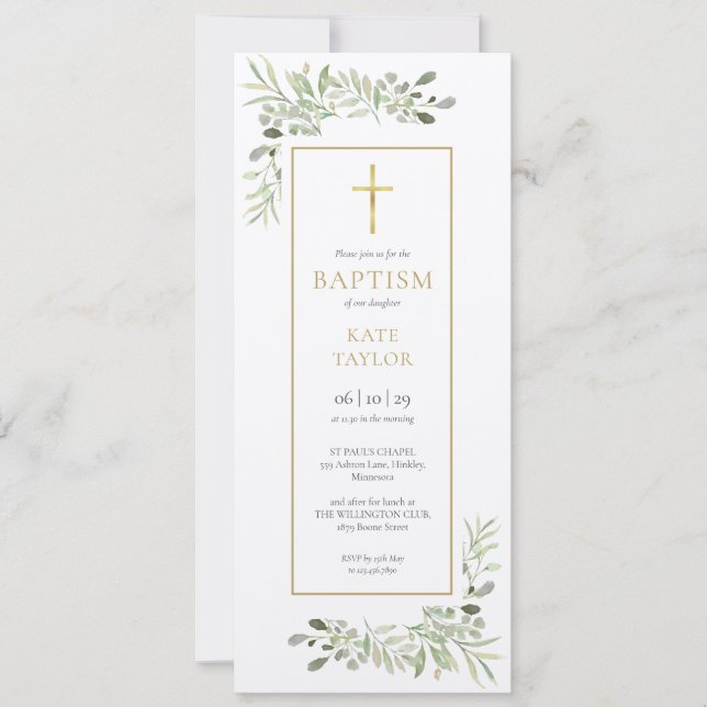 Convite Folhas de água-rústicas verde baptismo (Frente)