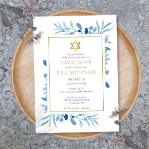 Convite Folhas de Aquarela Azul Bar Mitzvah Bat Mitzvah
