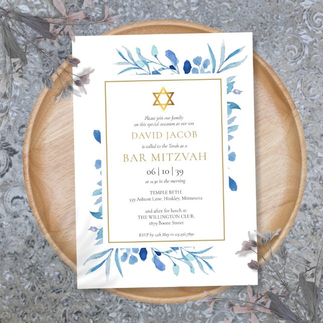 Convite Folhas de Aquarela Azul Bar Mitzvah Bat Mitzvah (Blue Watercolor Foliage Bar Mitzvah Bat Mitzvah Invitation)