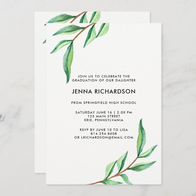 Convite Folhas de Aquarela Botânica | Festa de formatura (Frente/Verso)