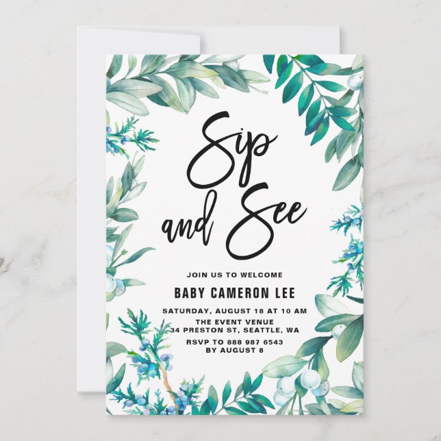 Convite Folhas de Aquarela e Berries Wreath Sip e Consulte (Frente)