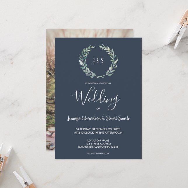 Convite Folhas de aquarela russa monograma Foto casada (Frente/Verso In Situ)