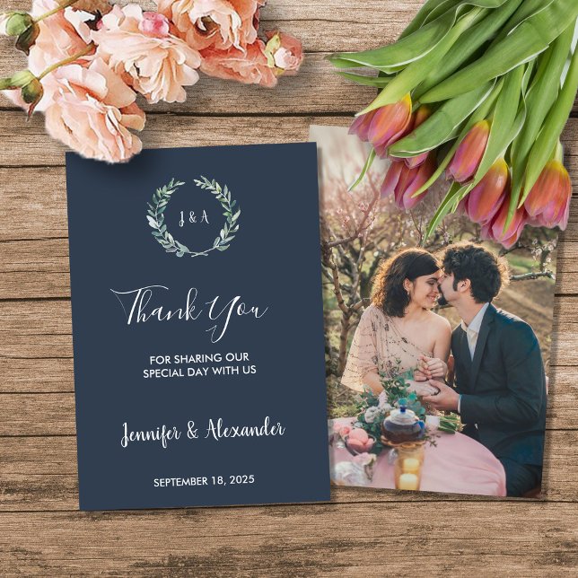 Convite Folhas de aquarela russa Obrigado casamento da fot (Rustic watercolor leaves Thank you photo country wedding card.)