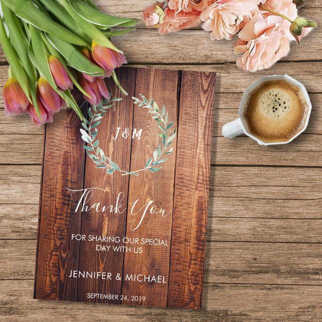 Convite Folhas de aquarela russas sobre madeira Casamento  (Rustic watercolor leaves on barn wood mongrammed  Wedding Thank you card.
)