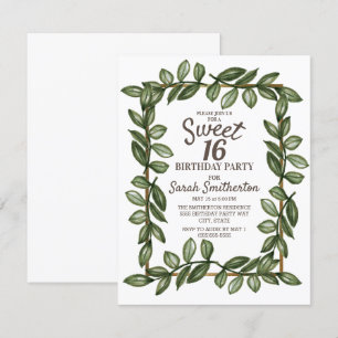 Convite Folhas de Aquarela Verde Branco Dourado Sweet 16
