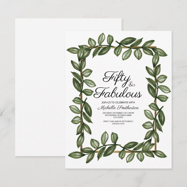 Convite Folhas de Aquarela Verde Dourado Branco Aniversári (Frente/Verso)