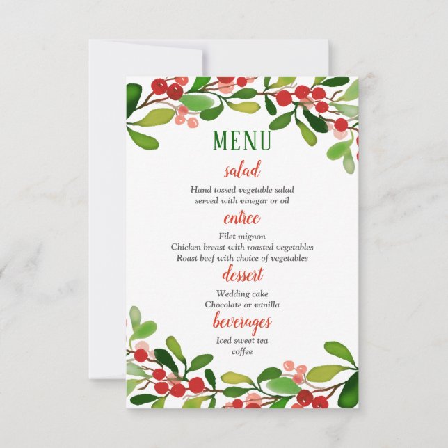 Convite Folhas de Azevinho Fruta Natal | Menu de Casamento (Frente)