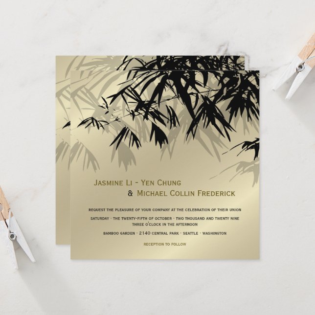 Convite Folhas de Bambu Oriental Preto Dourado Casamento A (Frente/Verso In Situ)
