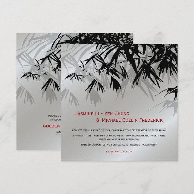 Convite Folhas de Bambu Oriental Preto e Prata Casamento A (Frente/Verso)