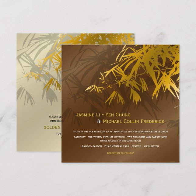 Convite Folhas de Bambu Zen Dourado & Marrom Chic Casament (Frente/Verso)