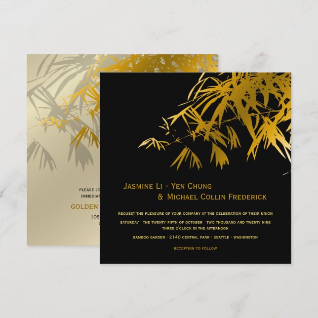 Convite Folhas de Bambu Zen Dourado Preto Casamento Asiáti (Frente/Verso)