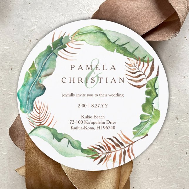 Convite Folhas de Banana Tropical Verde, Castanho, Invit D (Lush Tropical Banana Leaves Wedding Invitation, Round Tropical Leaves Wreath)