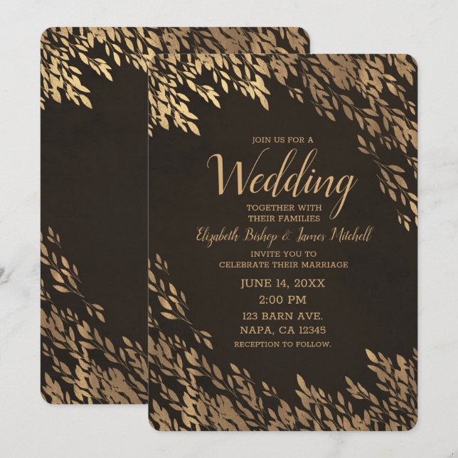 Convite Folhas de Bronze Dourado Marrom Chic Casamento Rús (Frente/Verso)
