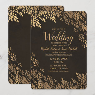 Convite Folhas de Bronze Dourado Marrom Chic Casamento Rús