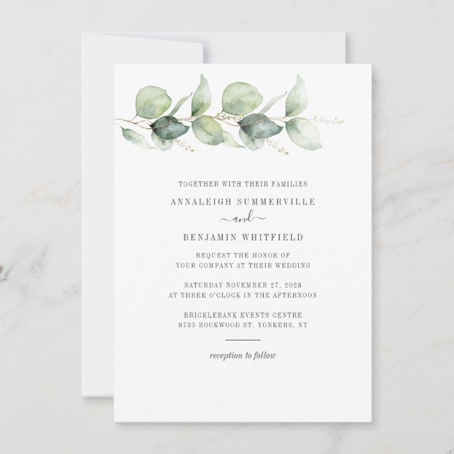 Convite Folhas de Eucalipto Botânico Verde Casamento (Frente)