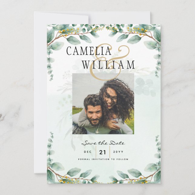Convite Folhas de Eucalipto CASAMENTO DE OURO QR CODE ORÇA (Frente)