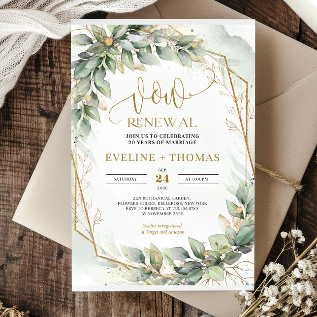 Convite Folhas de eucalipto com aquarelas e renovação do o (Watercolor eucalyptus leaves and gold vow renewal invitation template)