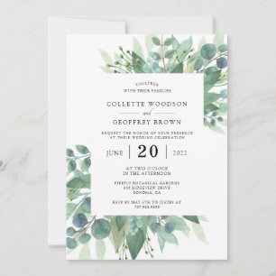Convite Folhas de Eucalipto Elegantes Borda Verde Casament