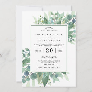 Convite Folhas de Eucalipto Elegantes Borda Verde Casament