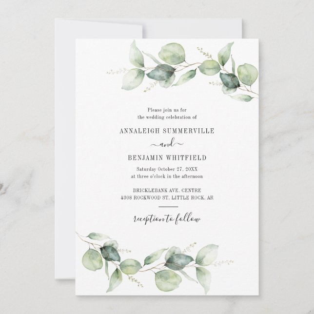 Convite Folhas de Eucalipto Elegantes Vegetação Casamento  (Frente)