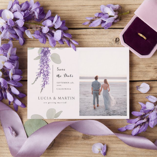 Convite Folhas de Eucalipto Lavanda Foto Salvar a Data (Criador carregado)