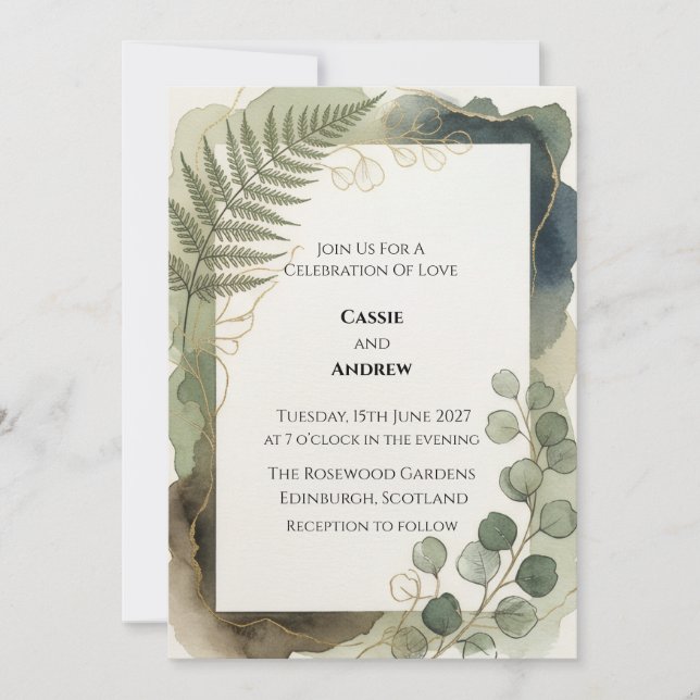 Convite Folhas de Eucalipto Samambaia para Casamento (Frente)