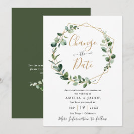 Convite Folhas de Eucalipto Verde Dourado Geométrico Mude 