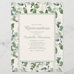 Convite Folhas de Eucalipto Verde Elegantes Quinceanera
