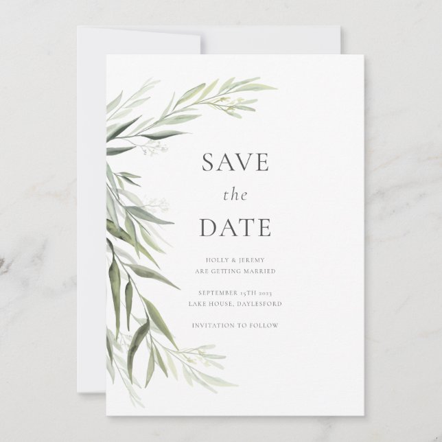 Convite Folhas de Eucalipto Verde Save the Date (Frente)