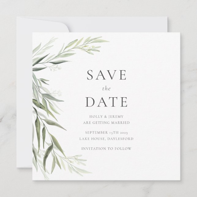 Convite Folhas de Eucalipto Verde Save the Date (Frente)